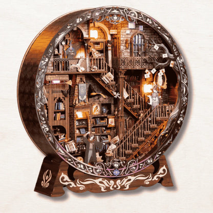 harry potter inspired wizarding academy library diorama multi-level stone walls gothic balustrades floating letters