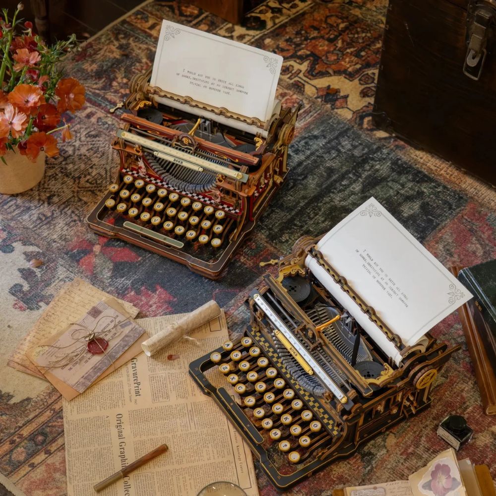 rokr typewriter 3d wooden puzzle magic version burgundy gold mechanical typebars gears 324 pieces steampunk