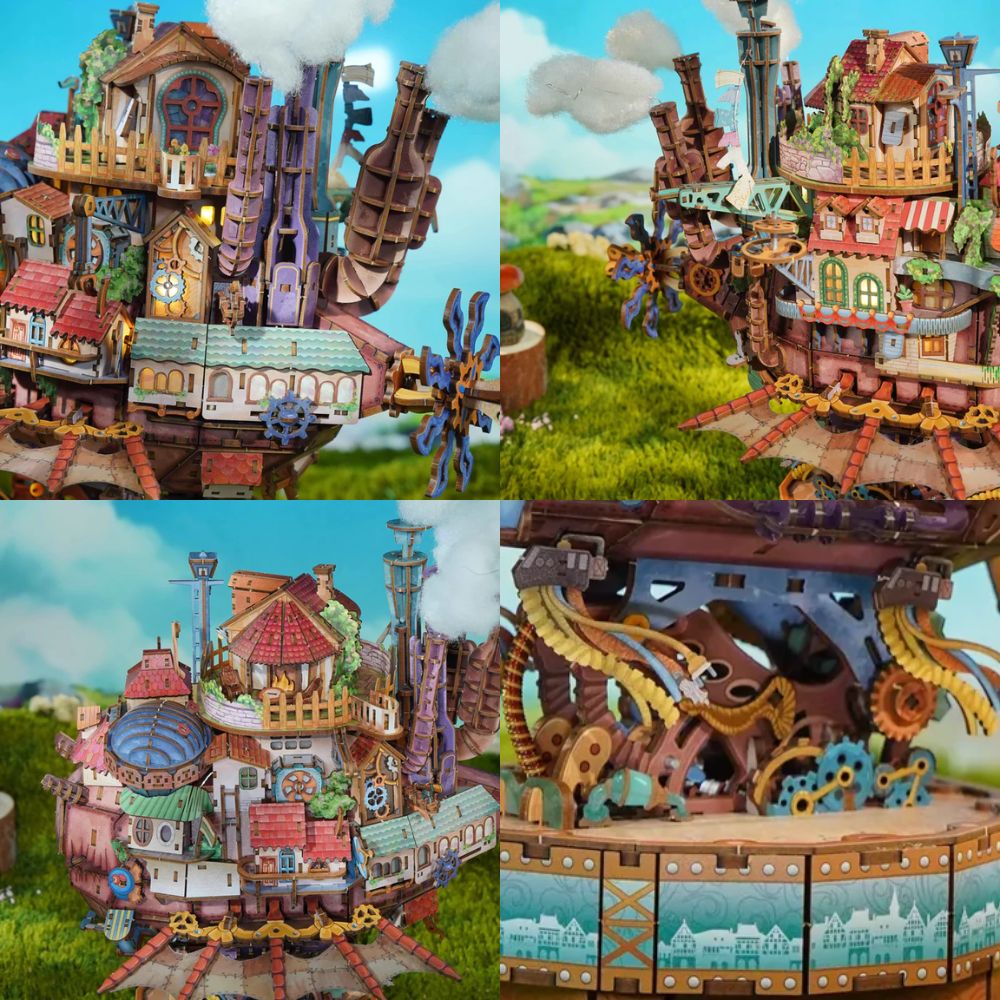 Circular stained-glass porthole detail on Moving Castle 3D wooden puzzle — mechanical fantasy architecture
