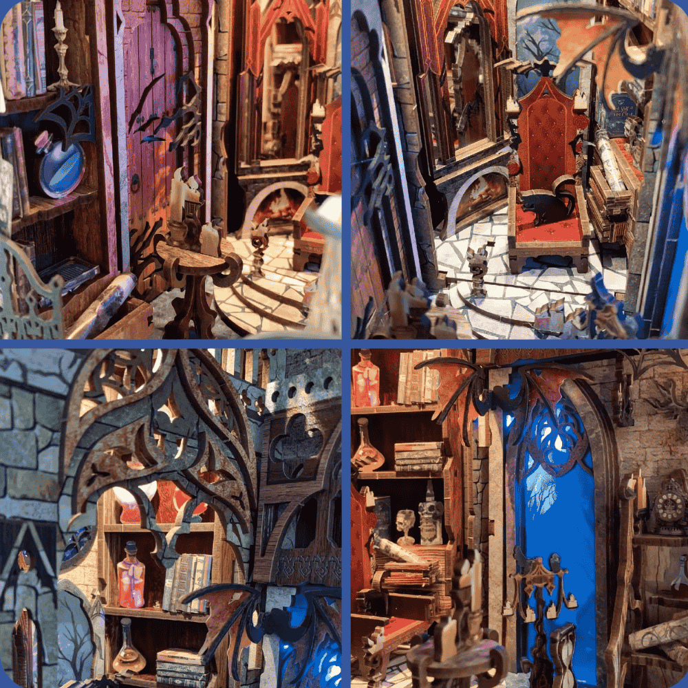 fantasy diorama gothic arch rose thorns black cat crimson throne iron