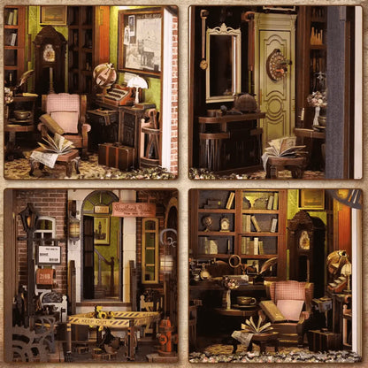Rose Detective Agency Book Nook – two-floor Victorian detective miniature with Keep Out crime scene tape on the ground floor and a warm-lit detective study above
