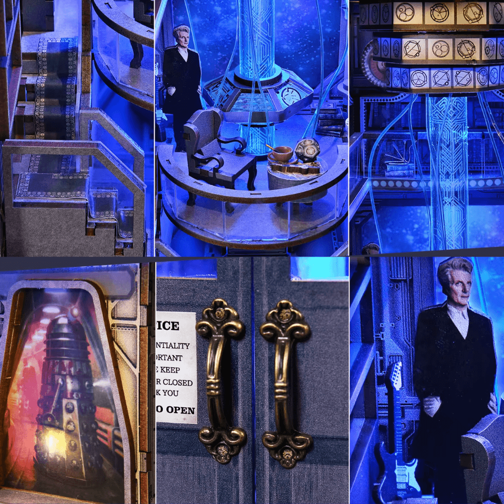 doctor who book nook mysterious blue box tardis opening doors blue LED interior console room 368 pieces