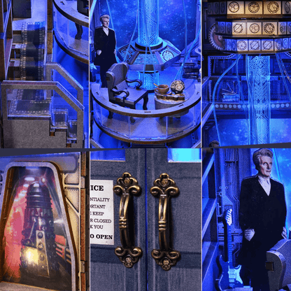 doctor who book nook mysterious blue box tardis opening doors blue LED interior console room 368 pieces
