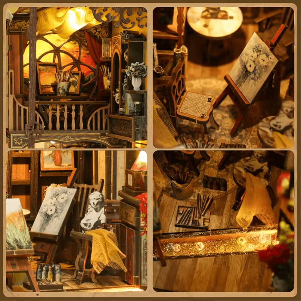 art lover gift miniature van gogh atelier painter figure lamp stacked canvases brushes warm amber glow