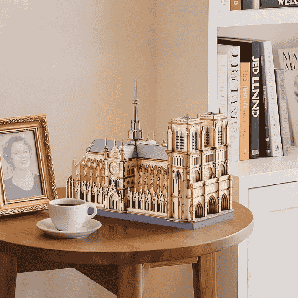 notre dame de paris 3d wooden puzzle gothic cathedral twin towers flying buttresses rose window flèche natural wood