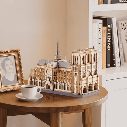 notre dame de paris 3d wooden puzzle gothic cathedral twin towers flying buttresses rose window flèche natural wood