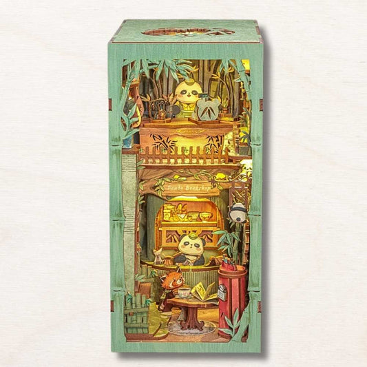 Panda Bookshop book nook DIY assembled — bamboo bookstore with rotating panda, warm LED and bamboo shoot shelves