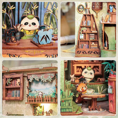 Panda Bookshop book nook LED lit at night — warm amber glow through bamboo grove interior