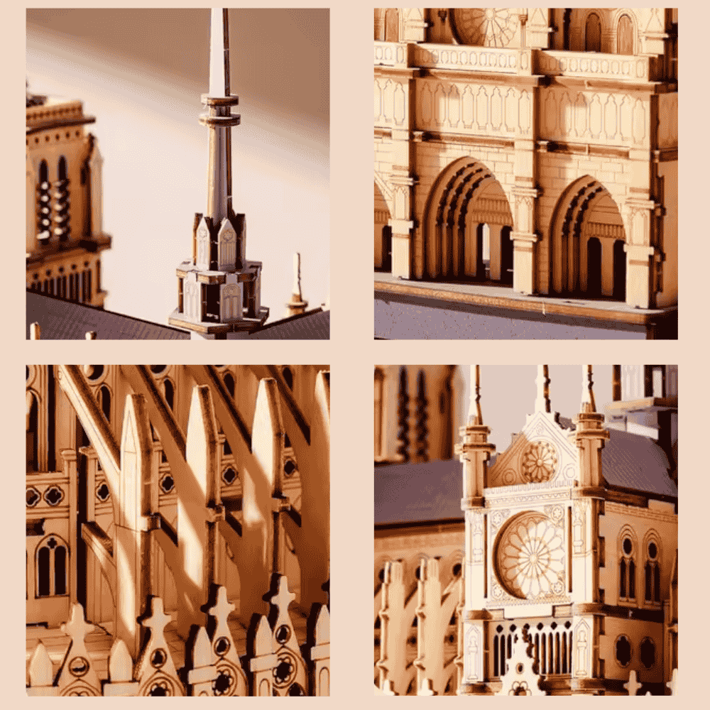 architecture model notre dame paris laser cut wood 25cm gothic arches rebuilt spire 2024 reopening