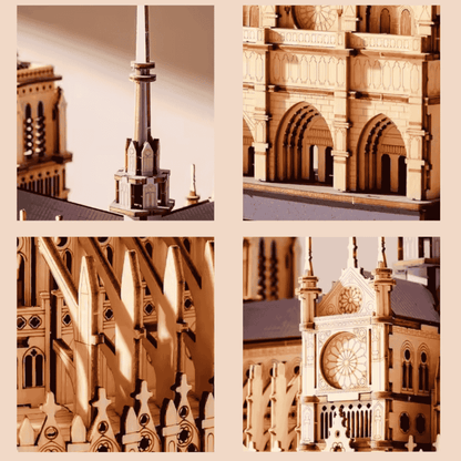 architecture model notre dame paris laser cut wood 25cm gothic arches rebuilt spire 2024 reopening