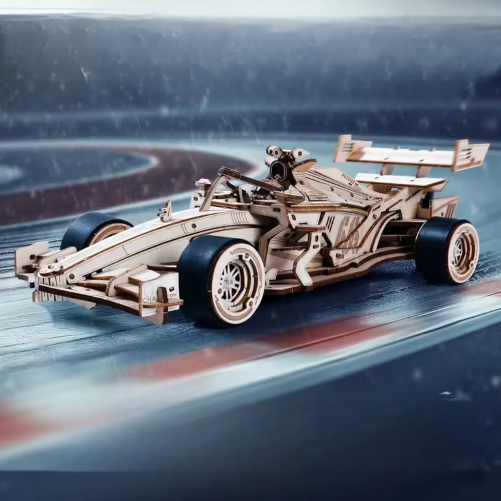 f1 racing car model kit laser cut wood open wheel driver cockpit front wing engine bay desk display