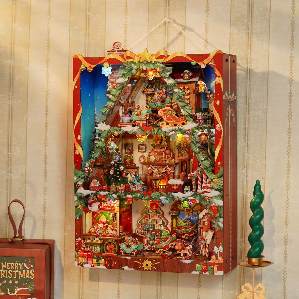 Storybook Frame Christmas 3D puzzle assembled three-tier wall diorama with Santa, fireplace and toy shop