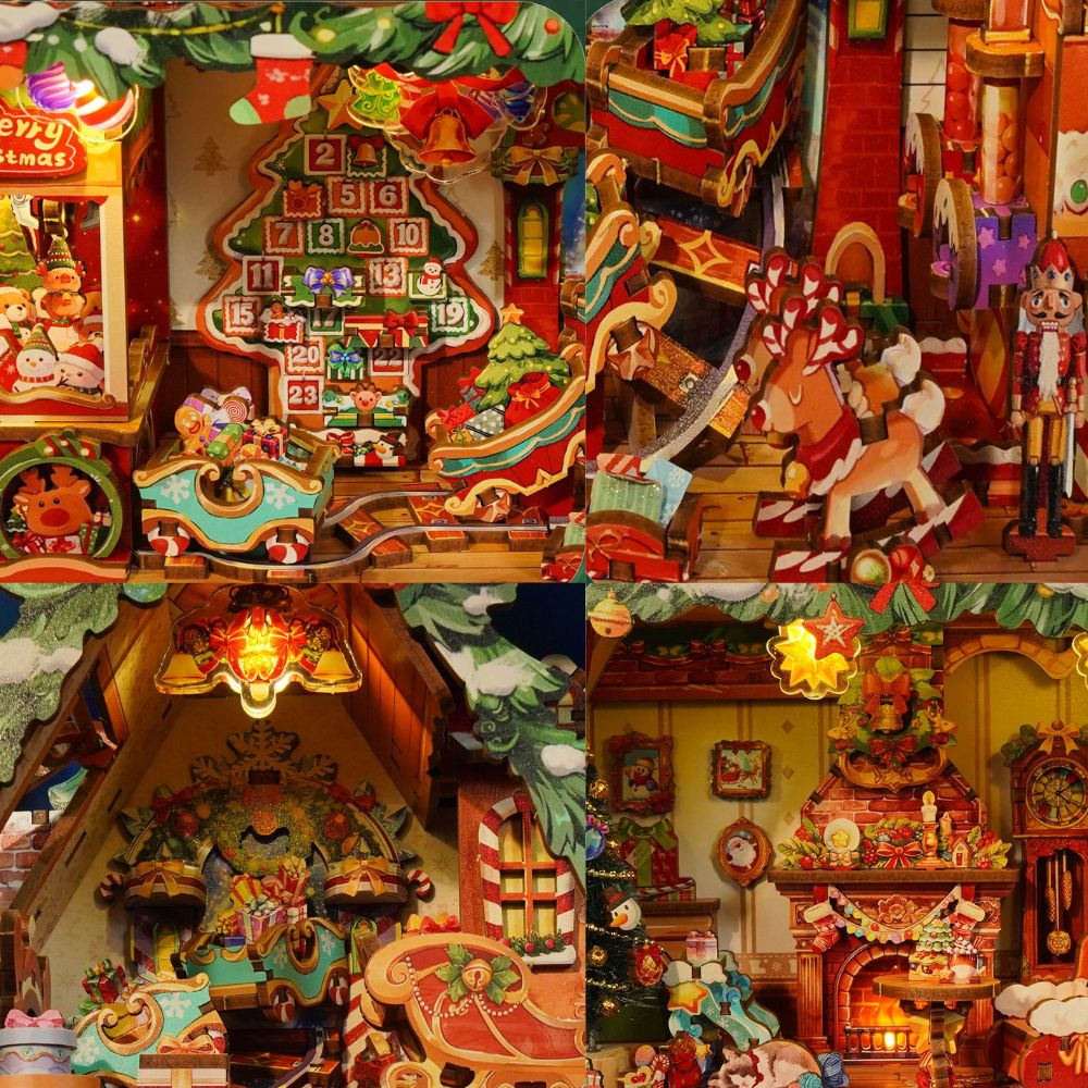 Santa on rooftop detail in Storybook Frame Christmas 3D puzzle sleigh and reindeer top tier scene