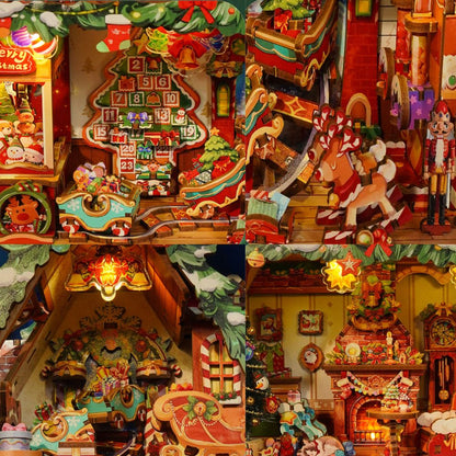 Santa on rooftop detail in Storybook Frame Christmas 3D puzzle sleigh and reindeer top tier scene
