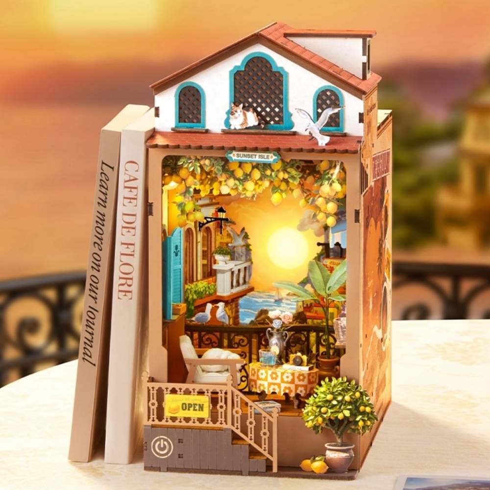 Sunset Isle book nook daylight LED mode cool clear light on whitewashed Mediterranean facade and lemon tree