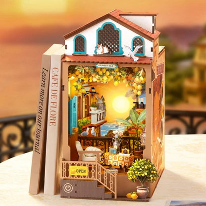 Sunset Isle book nook daylight LED mode cool clear light on whitewashed Mediterranean facade and lemon tree