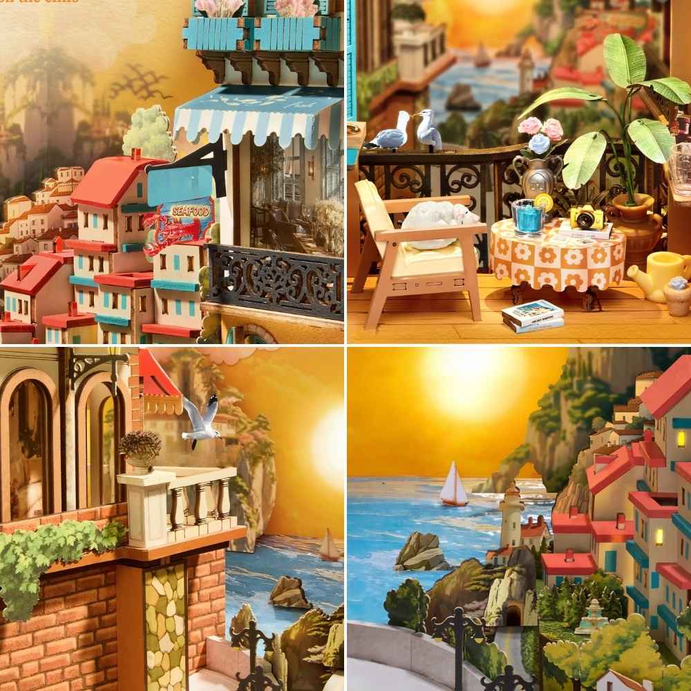 Sunset Isle book nook displayed between books on shelf — Greek island village scene as bookshelf insert