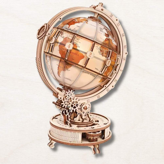 DIY Wooden Globe Gear Mechanism, Warm LED, Orbital Magnifier, Real Coordinates